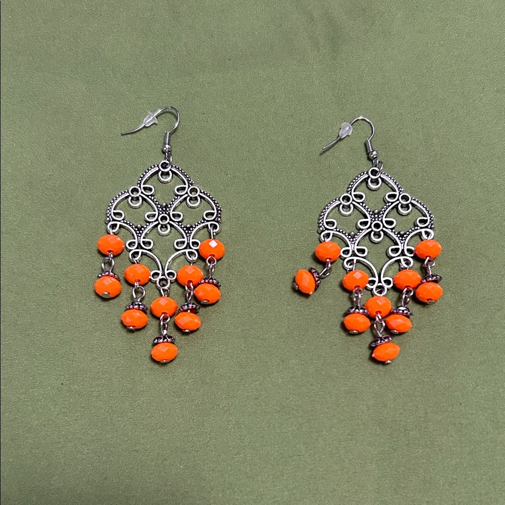 Elegant Silvertone and Orange Chandelier Earrings New